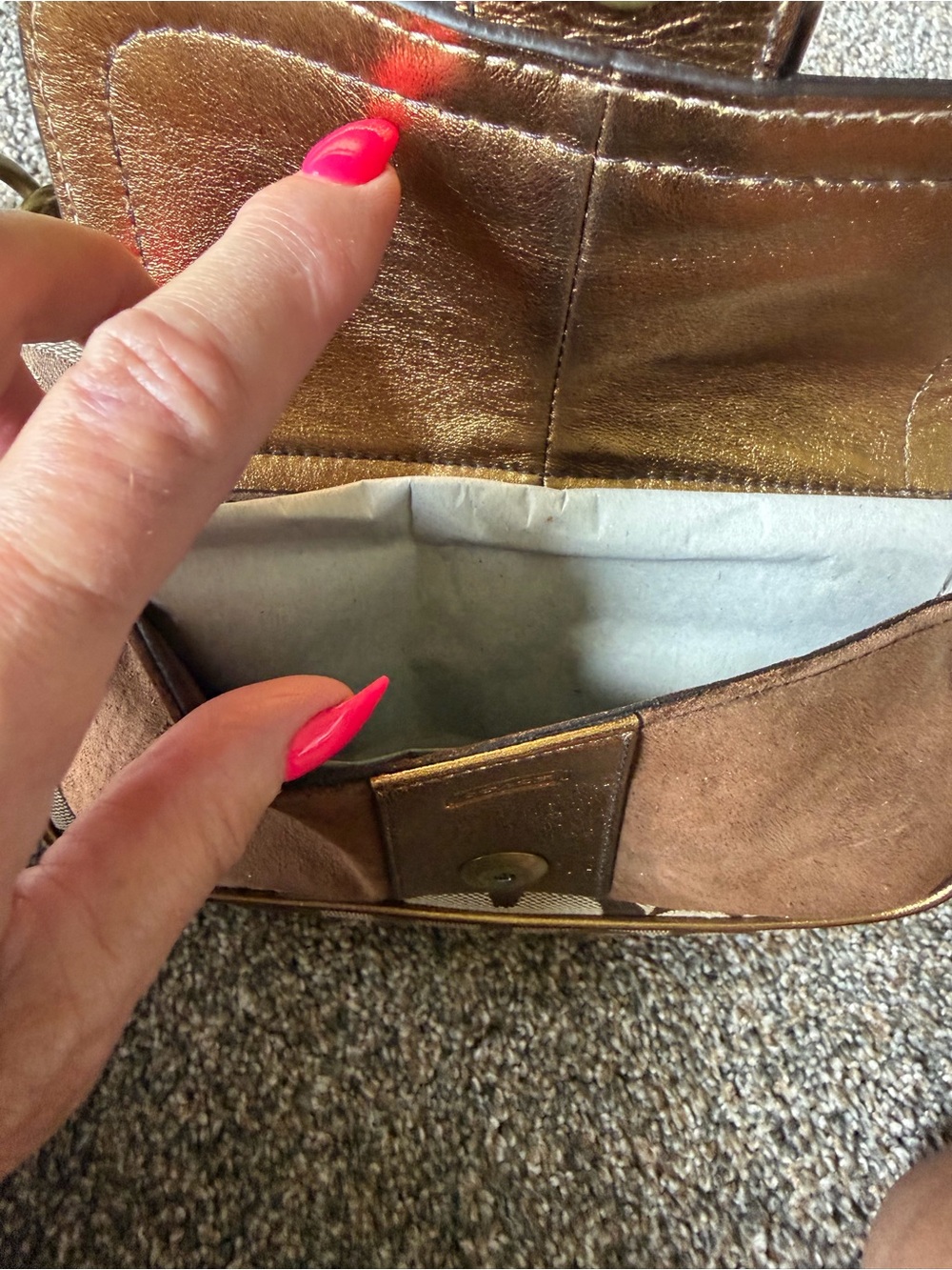 Coach Brown Signature Canvas Shoulder Bag with Metallic Bronze Leather Accents - Picture 12 of 16